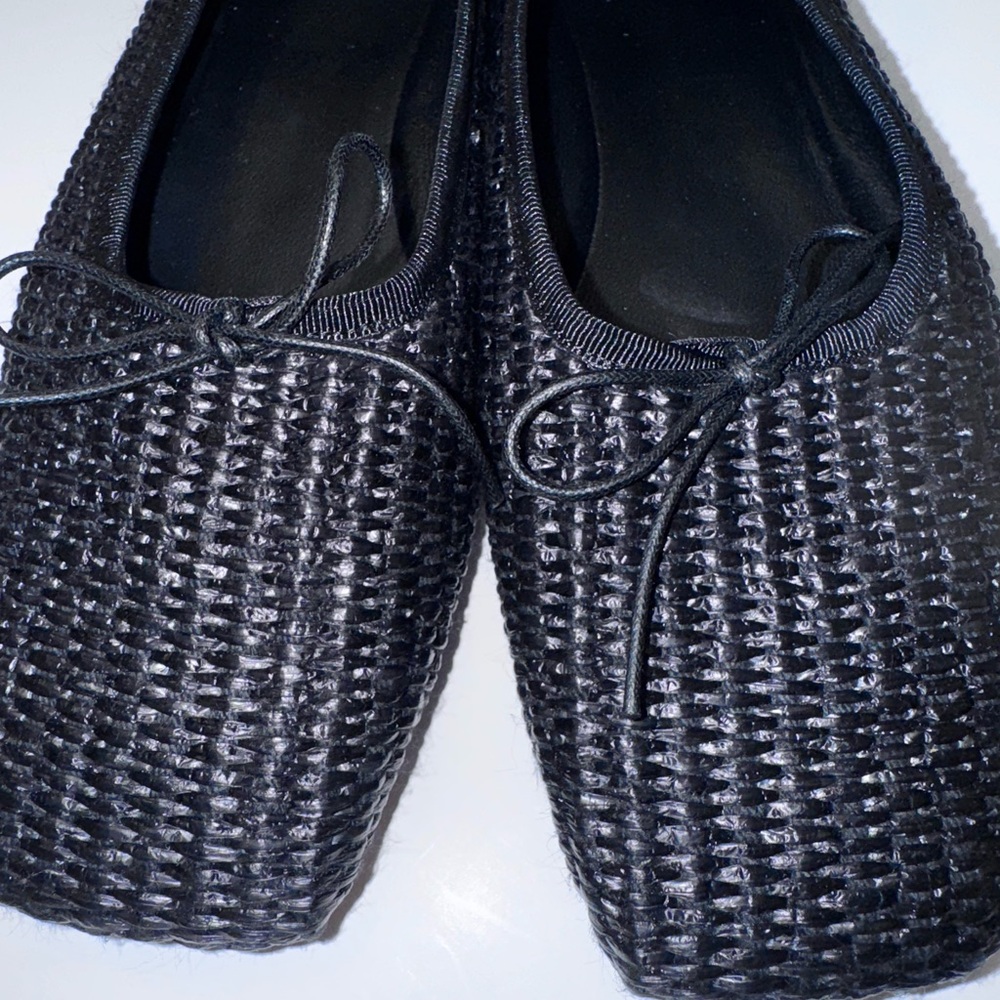 Mansur Garavani Raffia Black Sqaure Toe Ballet Flats 36=6 - Picture 4 of 7